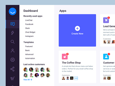 Chat management dashboard UI design active users app bala ux bot cards chat chat app chatbot create new dash dashboard dashboard design dashboard ui design left menu left nav management app sidebar ui ux