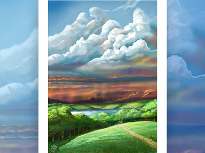 Clouds above the plants. Illustration cg clouds illustration