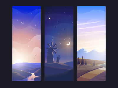 Sunset, night and dawn app cover dawn landscapes postcards sun sunset vector illustration wallpaper