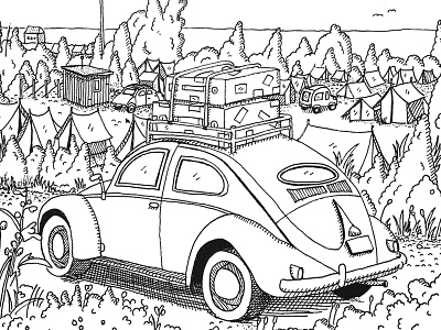 Camping on Öland black and white car illustration ink