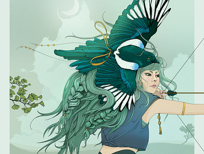 Focus archer bird character illustration illustration line art painting warrior wings woman