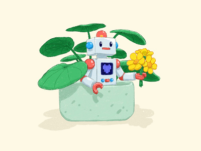 The friendly robot art character character design cute digital flowers illustration line pencil plant plant pot procreate robot story storytelling surreal toy