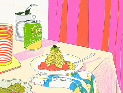 Diner art bolognese digital diner dinner table food illustration line pasta procreate still life surreal