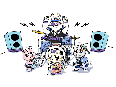 SunnyTaro - First Development Illustrations cat dog drum and bass drums guitar piggy rock band taro