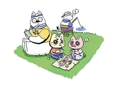 SunnyTaro - First Development Illustrations bear cat cookies dog family friends illustration pan picnic piggy