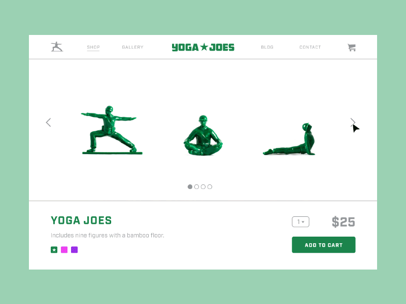 E-commerce Single Item — Daily UI #012 012 animation army men dailyui design e commerce green namaste toys ui website yoga joes
