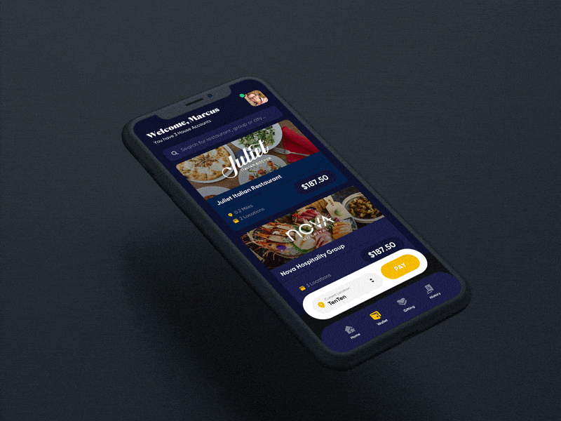 inKind App 3.0 Incoming dark dining giftcard pay payment restaurant ui wallet