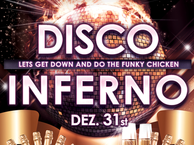 Disco Inferno Flyer black music bling bottle car champagne dance dancing disco disco ball easy event floor funk funky gems glass gold happy hip hop invitation jazz jewel modern music new year party red soul vibrant yellow