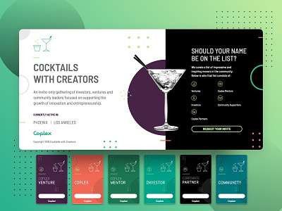 Cocktails with Creators badges cocktails community coplex dots event branding identity landing page martini microsite networking