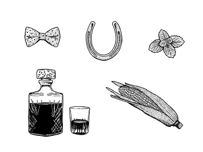 Bourbon Icons black and white drawing drawn iconography icons illustration ink kentucky liquor sketch tattoo vintage