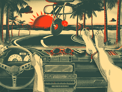Hit the road beach car digital painting graphic design grit hippie illustration roadtrip sunset texture