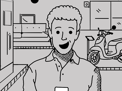 Happy guy in a store character design illustration rough draft sketch storyboard