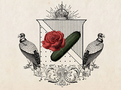 Hendrick's Rose & Cucumber Insignia coats of arms cucumber engraved gin hendricks gin illustration insignia rose vultures