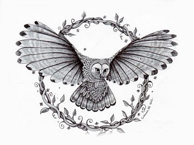 Drawing (pen) // Owl in Flight //