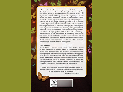 Book // Back Cover // Marcelle Batista was... // author back cover book book publishing butterflies catherine davis smith charmed designs design graphic design layout lupus publishing reach publishers sle