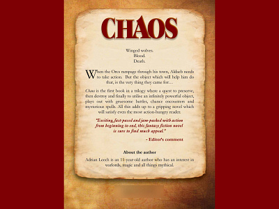 Book // Back Cover // Chaos // back cover battles book book publishing catherine davis smith chaos charmed designs graphic design gripping kids novel orcs publishing reach publishers
