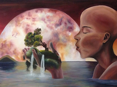 Human Nature fantasy figure landscape moon nature oil painting painting reflection serenity surreal tree water