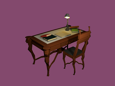 Victorian Desk 3d model blender books chair desk lamp low poly model victorian