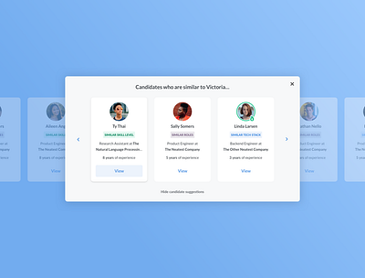Candidate Suggestions Modal app candidates design minimal modal recruiting sourcer suggestion ui ux web