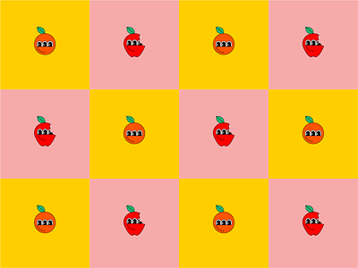 Apples & Oranges checkered color colorful face friends fruits fruity fun illustrated illustration pattern pink yellow