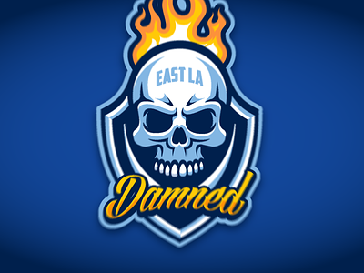 East LA Damned Logo appearane panel damned fire. blue gold graphic styles hell logo shield skull sports team vector