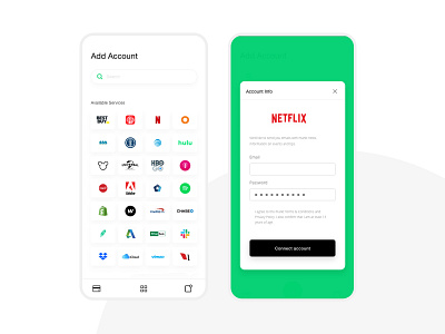 Payst Add Your Accounts accounts clean green logos mobile netflix payment product design simple ui uiux