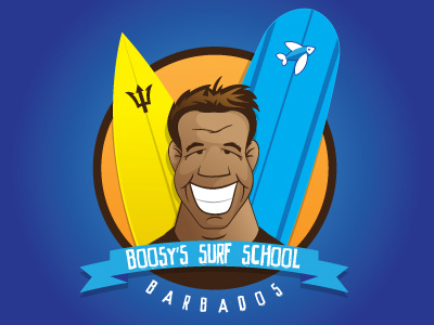 Boosy's Surf School Logo barbados beach boards character happy illustration logo man smile surf vacation