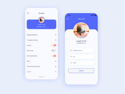 Nub - cryptocurrency app account app appdesign blue clean design profile settings ui ux