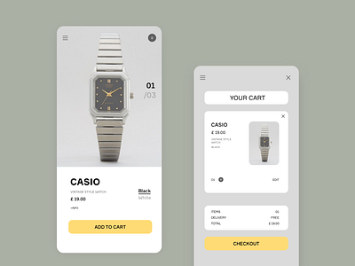 CASIO app beige cart checkout ecommerce minimal photography shop ui watch web white