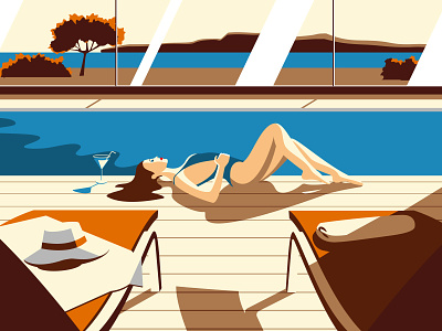Piscine art colorful designer holiday illustration landscape laurent minimalism orange poster repos sea sun swimming pool tan vector vectorart vicherd woman zen