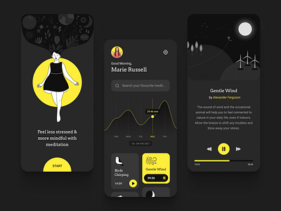 Meditation App clean design exercise flat health illustraion inspiration meditation mindfulness mobile onboarding player relax relaxing ui ux wellness yellow yoga