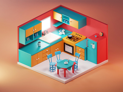 kitchen 3d 3d blender color house illustration isometric kitchen lowpoly render room