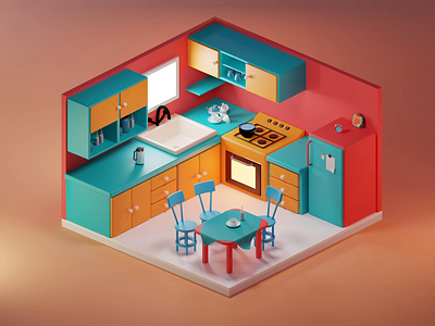 Kitchen 3D Animation 3d animation color house illustration isometric kitchen lowpoly render room
