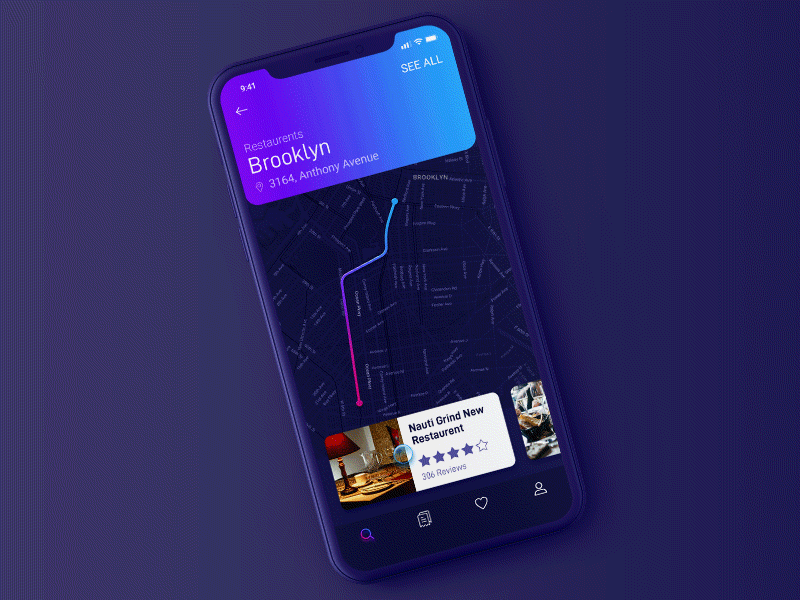 Map interaction prototype card nearby path dark gradient design interaction prototype ios mobile concept iphone x iphonex map route animation location parallel parallax simple minimal clean flat neat ui user interface app ux experience