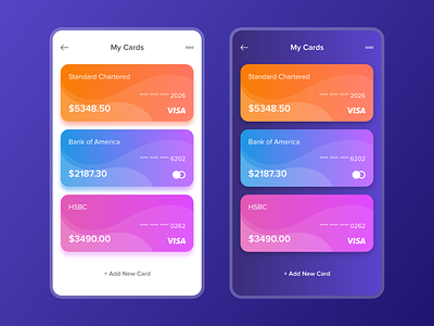 My Cards app banking cards clean financial gradient list mobile ui ux