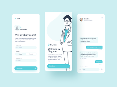 "Diagnosa" mobile UI/UX concept character chat view doctor medical app minimal mobile app mobile app design mobile chat mobile concept product design ui ui design ux ux design