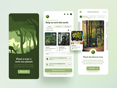 UI mobile screens for eco-app environment green app mobile app mobile ui mobile user interface mobile view our planet planet earth trees ui uiux user interface ux