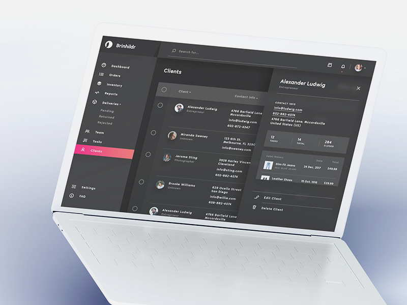Brinhildr - UI Kit for Business customization orders dark dashboard admin panel interactive ux ui desktop magenta charts