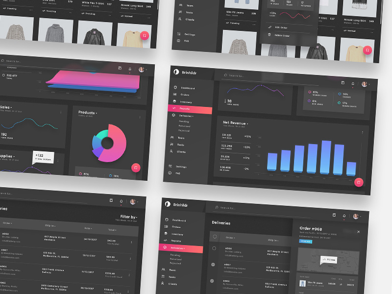 Brinhildr - UI Kit for Dashboards customization orders dark dashboard admin panel interactive ux ui desktop magenta charts