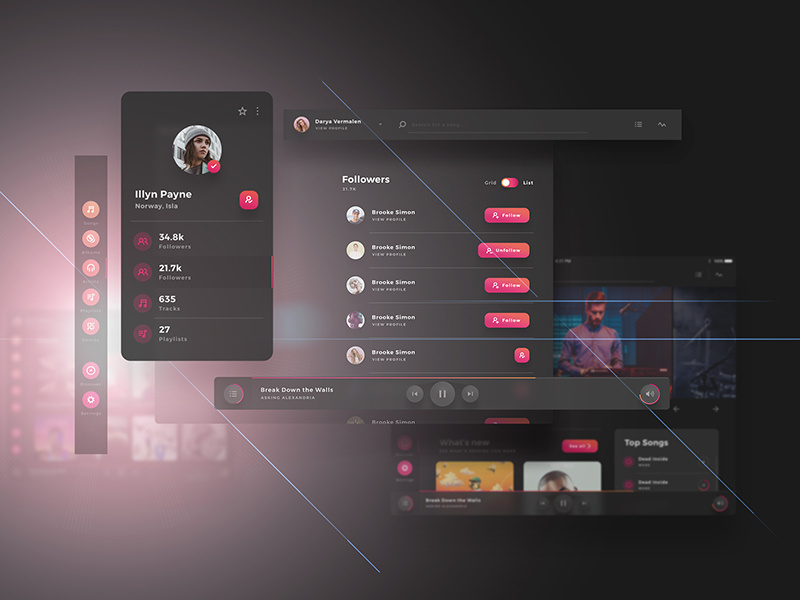 Crimson UI Kit - for Music Creators music player albums player music flat dark screens ux ui tablet x web