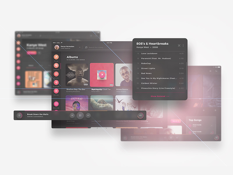 Crimson UI Kit - Highly Customizable music player albums player music flat dark screens ux ui tablet x web