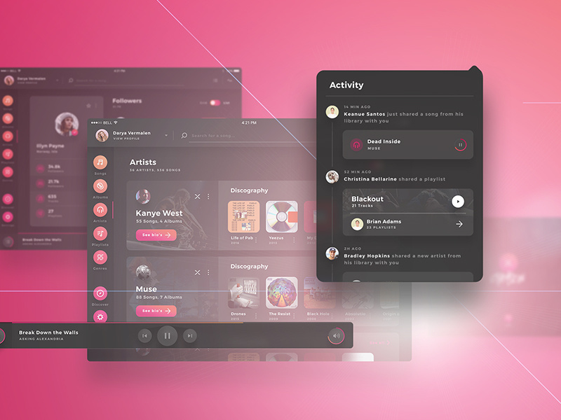 Crimson UI Kit - iPad Music Player UI Kit music player albums player music flat dark screens ux ui tablet x web