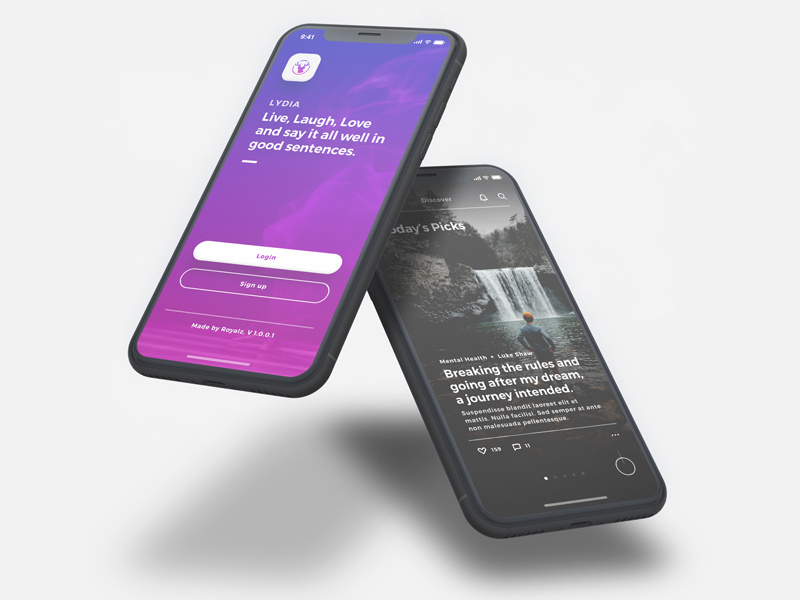 Lydia UI Kit - Bloggin & Pulishing App UI Kit mobile iphone x ui ux interactive iphonex presentation dark purple slide article blog