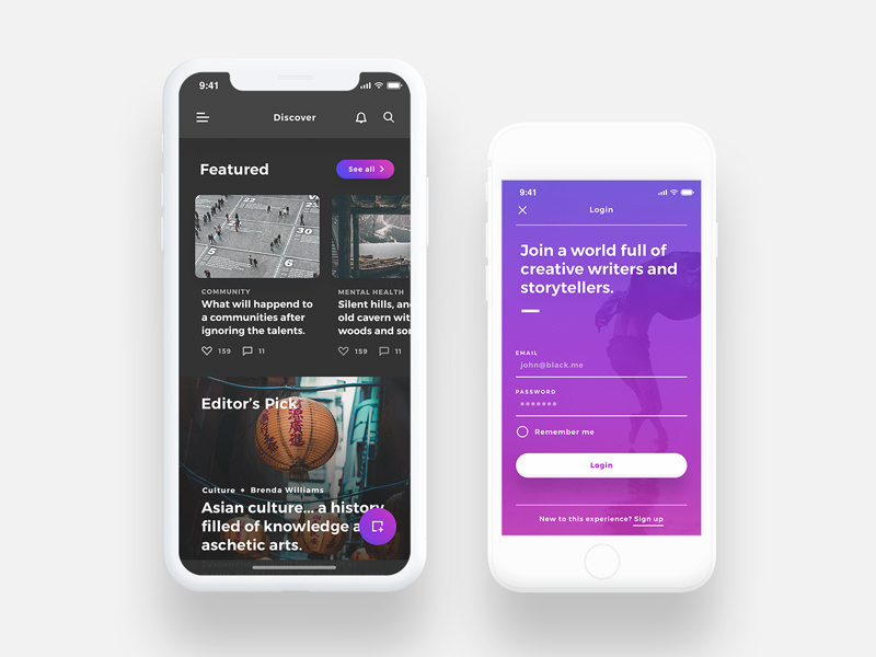Lydia UI Kit - Bloggin & Pulishing App UI Kit blog article discover purple dark login iphonex interactive ux ui iphone x mobile