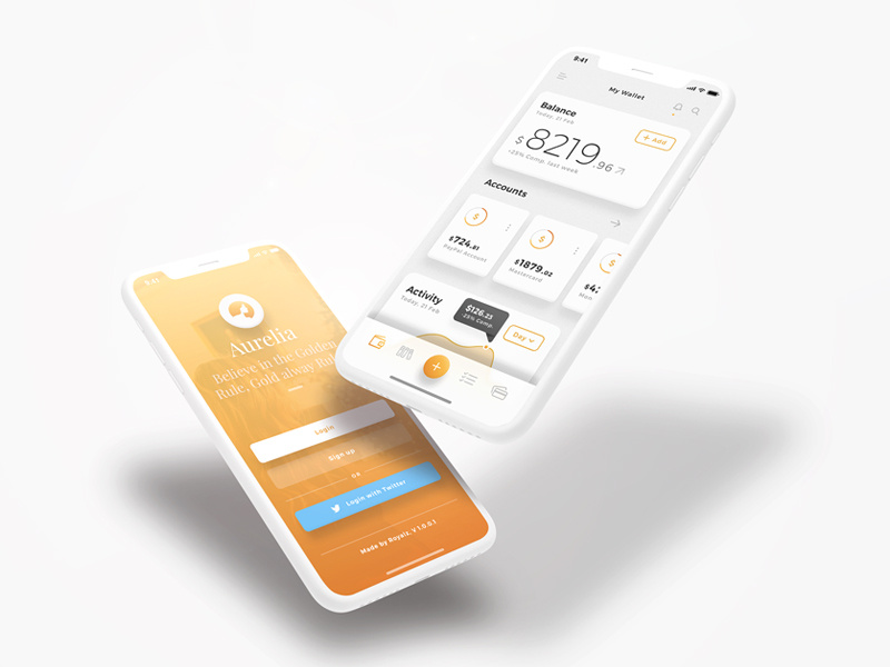 Aurelia UI Kit - iOS Wallet App UI Kit dashboard login gold clean floating bitcoin currency wallet