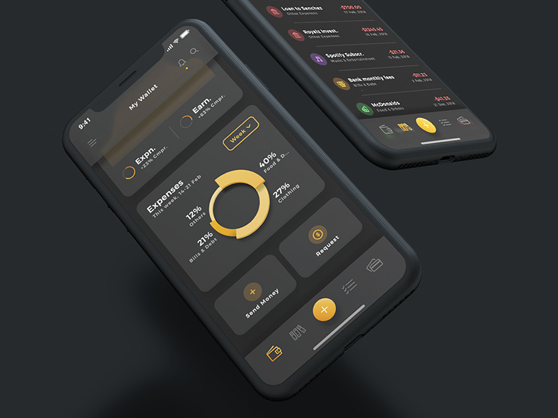Aurelia UI Kit - Dark Mode dark wallet currency bitcoin floating clean gold login dashboard