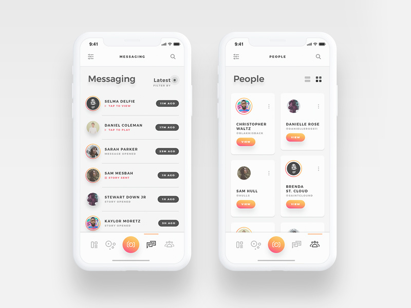 Arnelle UI Kit - Messages and Contacts stories contacts chat gallery messages app ui ux ios iphone x gold