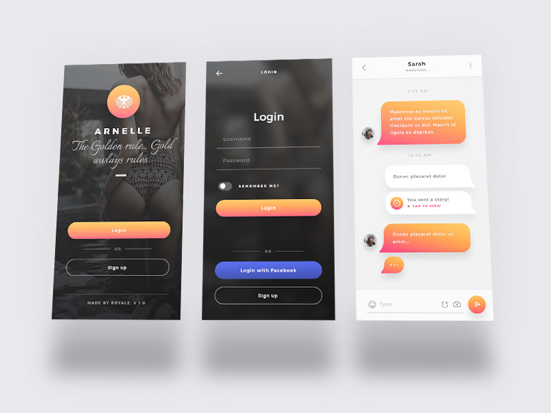 Arnelle UI Kit - iOS Stories App UI Kit stories messages chat login splash app ui ux ios iphone x gold