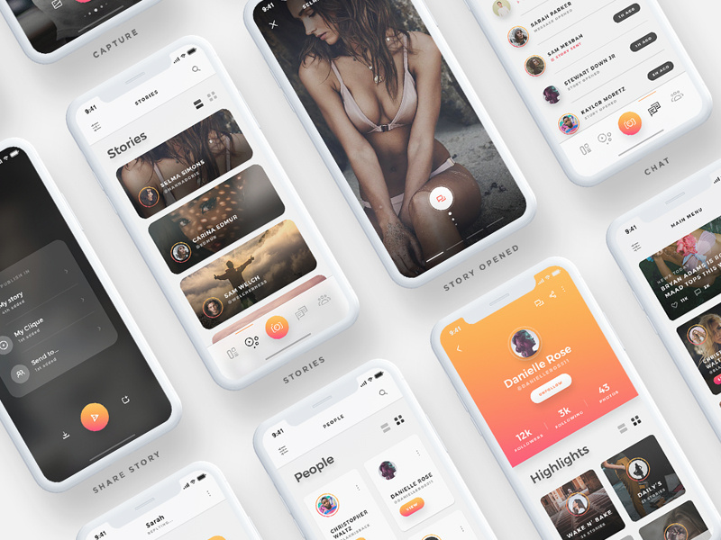 Arnelle UI Kit - Screens I screens stories messages chat dark gallery app ui ux ios iphone x gold