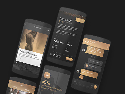 Helen - Android Portfolio App UI Kit app clean dark design flat gold interactive material design minimal mobile photography app portfolio ui ux ux design